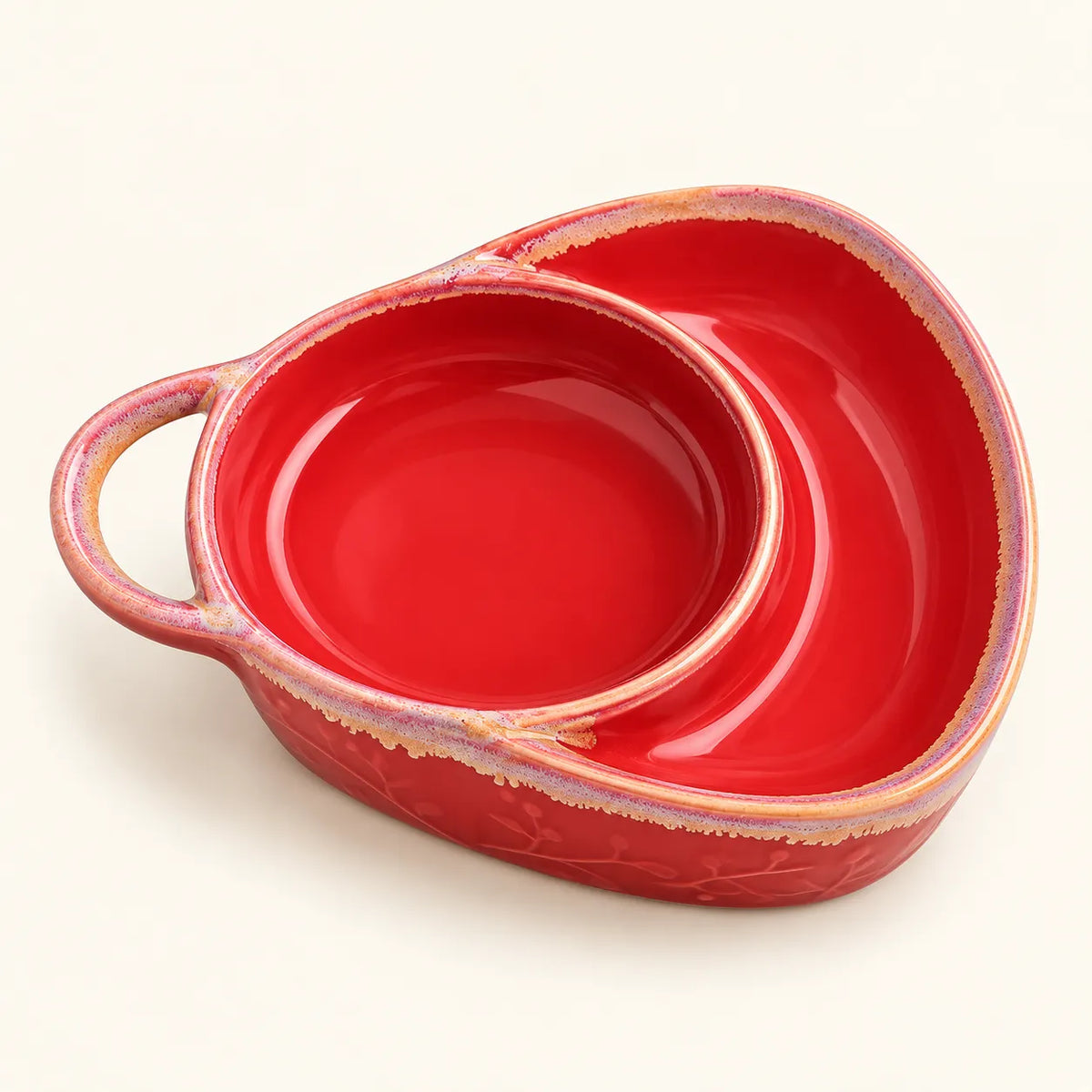 Serving Dish Glazed Ceramic Two Compartments Built-In Handle