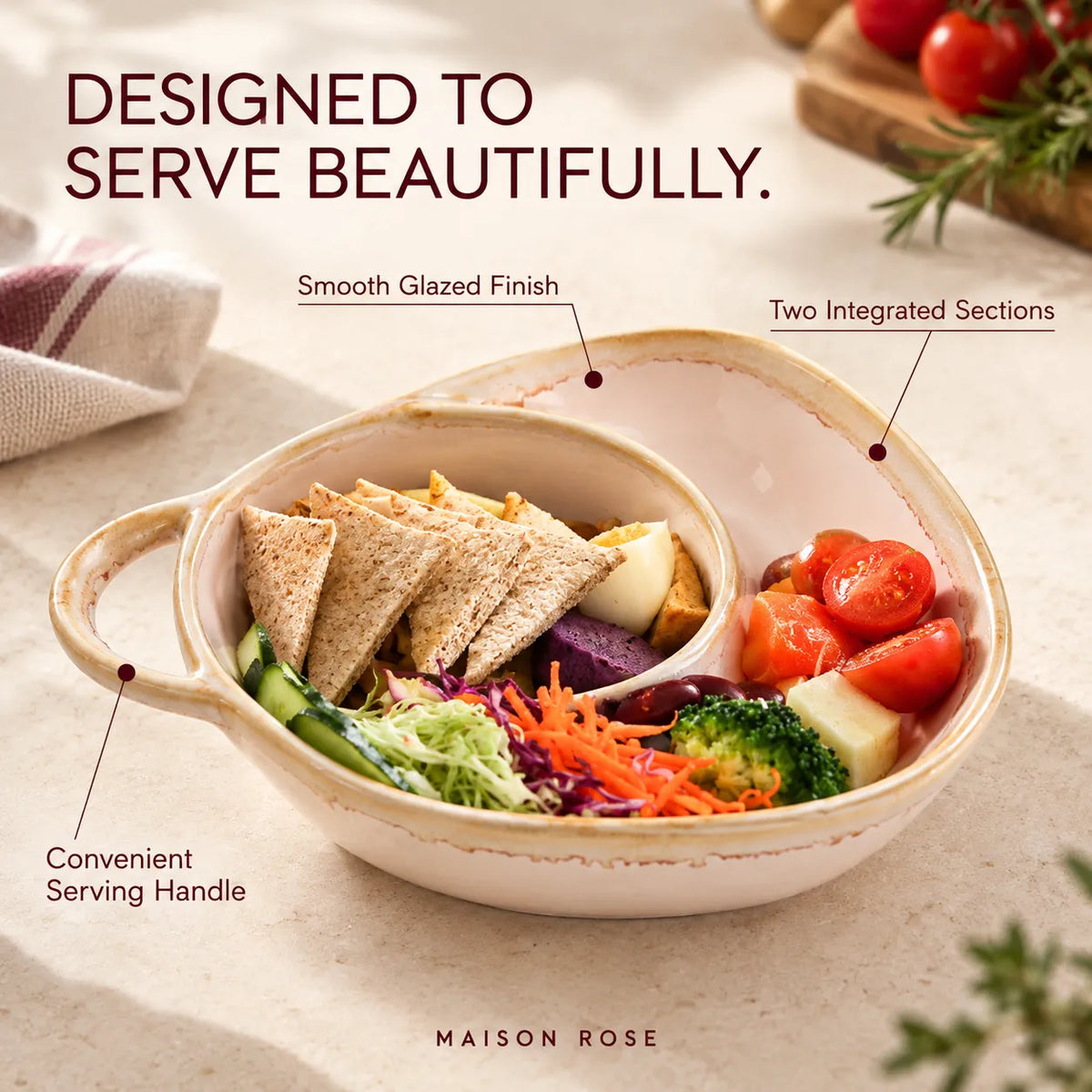 Serving Dish Glazed Ceramic Two Compartments Built-In Handle