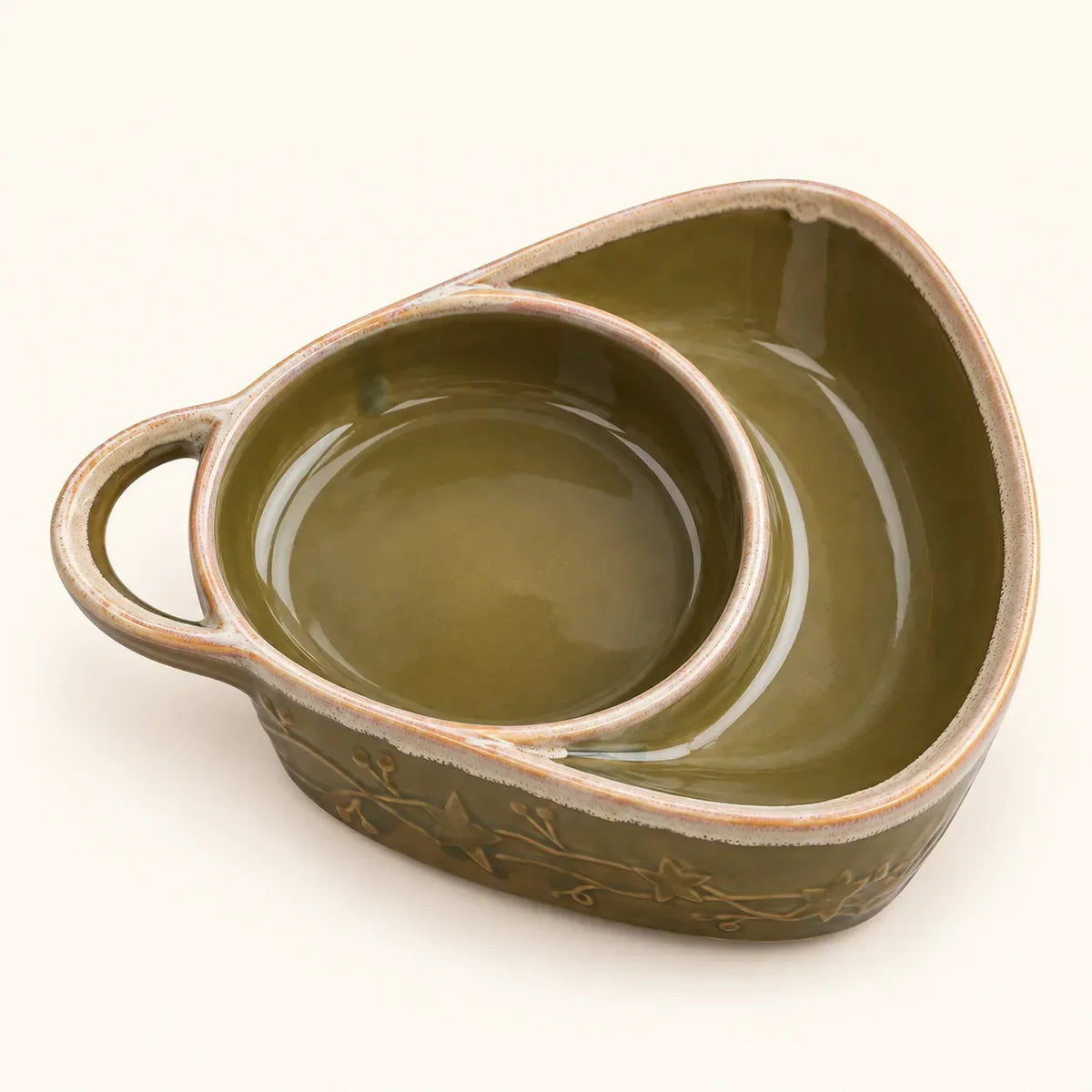 Serving Dish Glazed Ceramic Two Compartments Built-In Handle