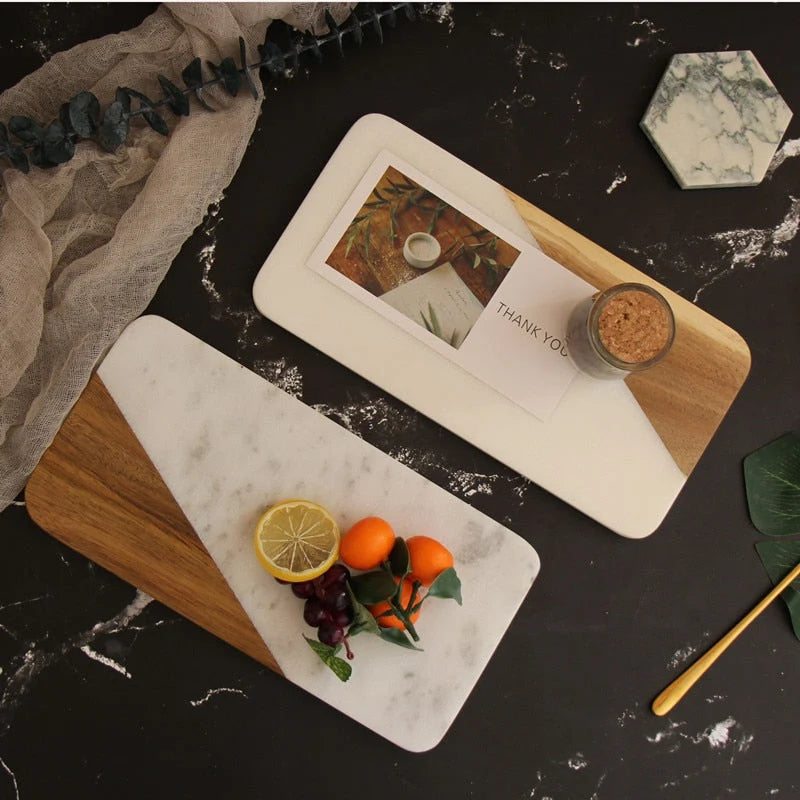 Serving Tray Natural Marble & Wood Rectangular