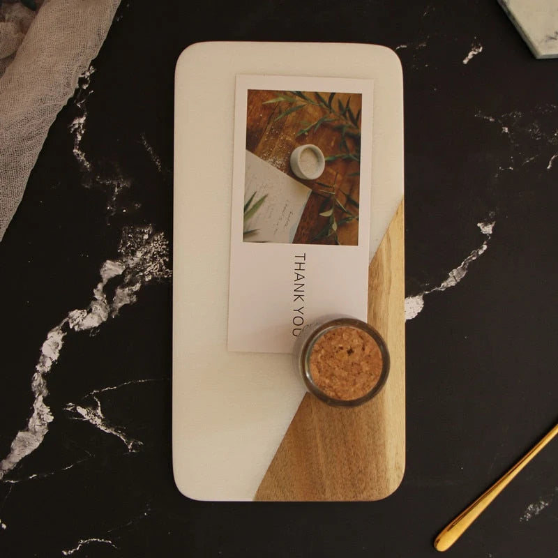 Serving Tray Natural Marble & Wood Rectangular