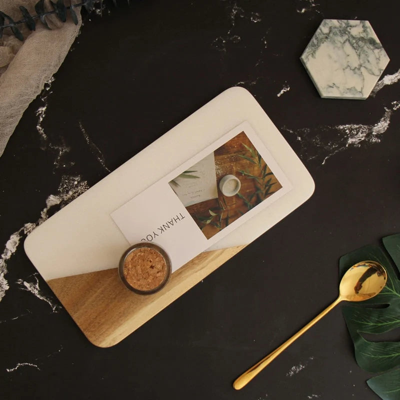 Serving Tray Natural Marble & Wood Rectangular