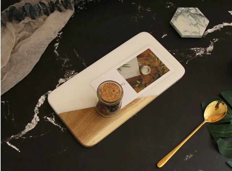 Serving Tray Natural Marble & Wood Rectangular