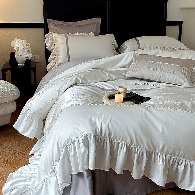 Sheet Set Satin Cotton Blend Jacquard Floral Ruffled Trim