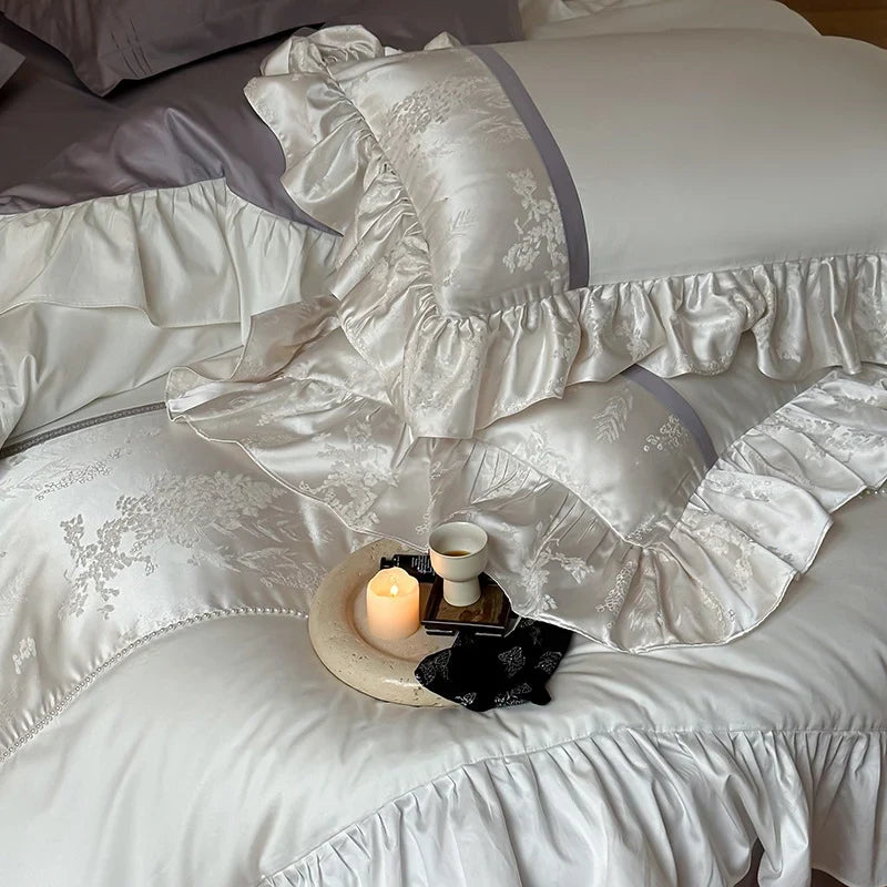 Sheet Set Satin Cotton Blend Jacquard Floral Ruffled Trim