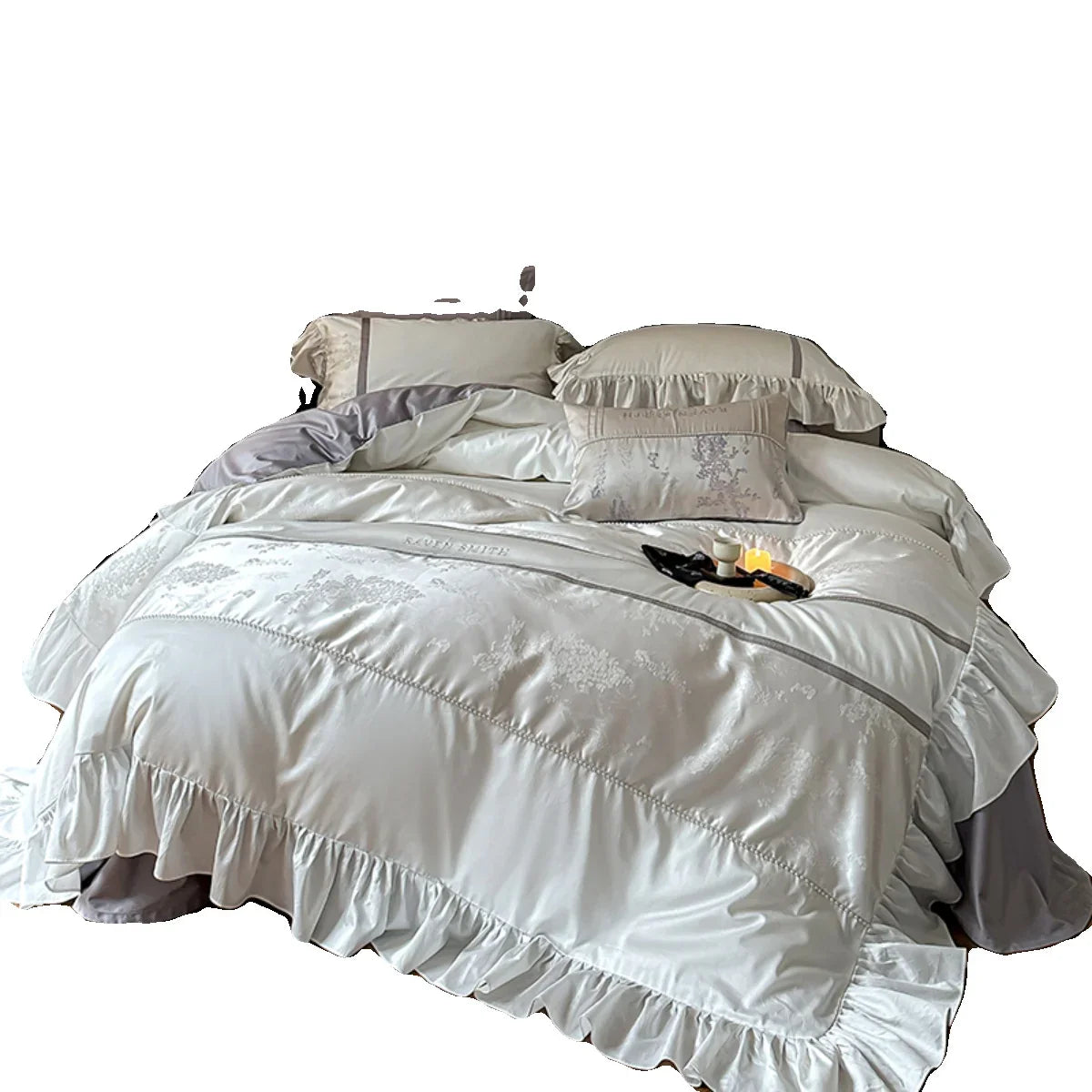 Sheet Set Satin Cotton Blend Jacquard Floral Ruffled Trim