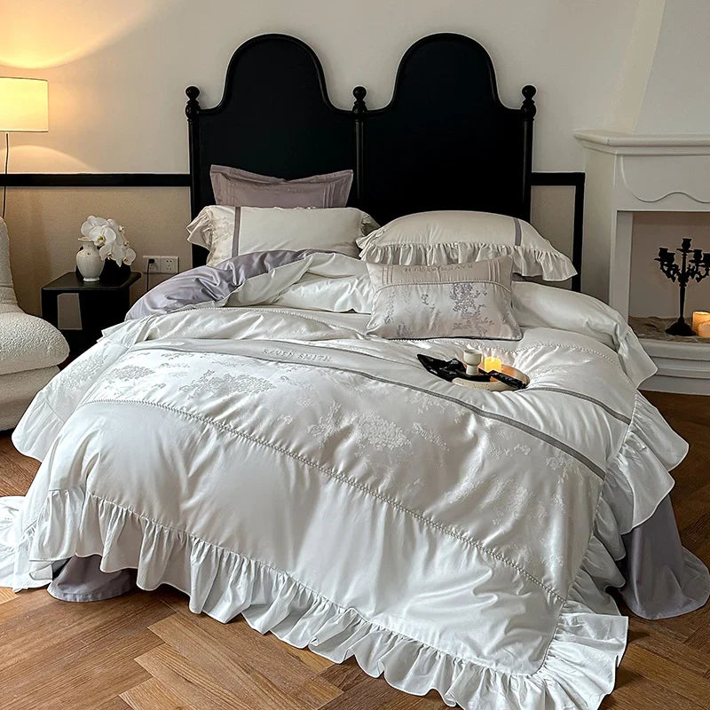 Sheet Set Satin Cotton Blend Jacquard Floral Ruffled Trim