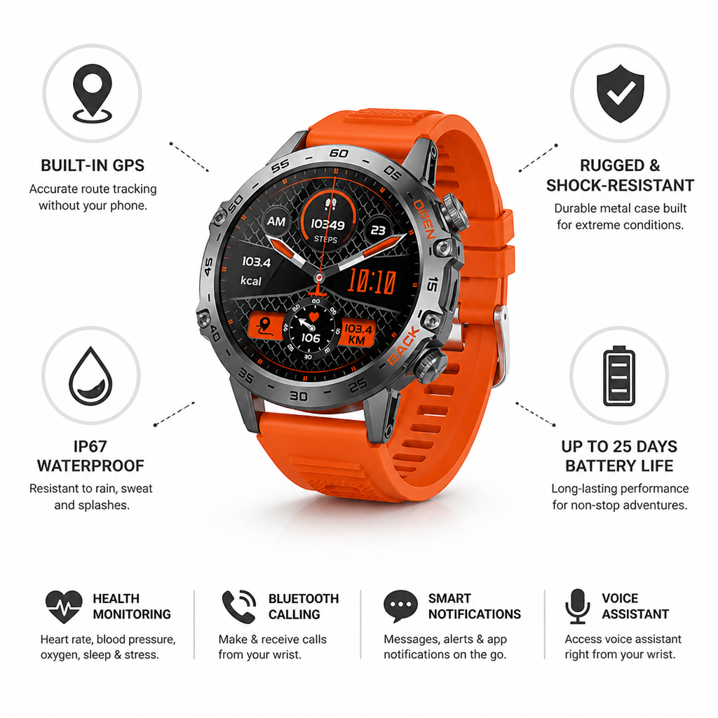 Shock-Resistant GPS & Bluetooth Smartwatch (25-Day Battery)