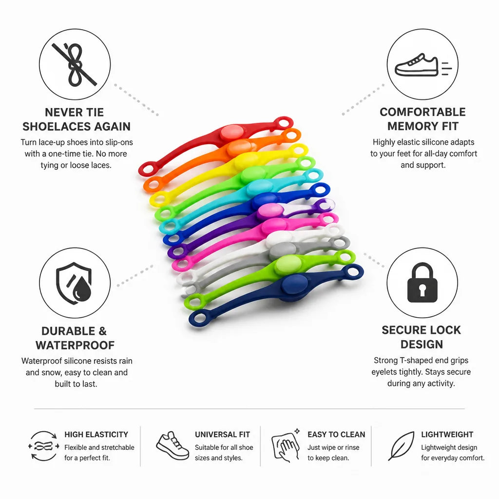 Shoelaces No-Tie Silicone Memory-Fit Pack of 12