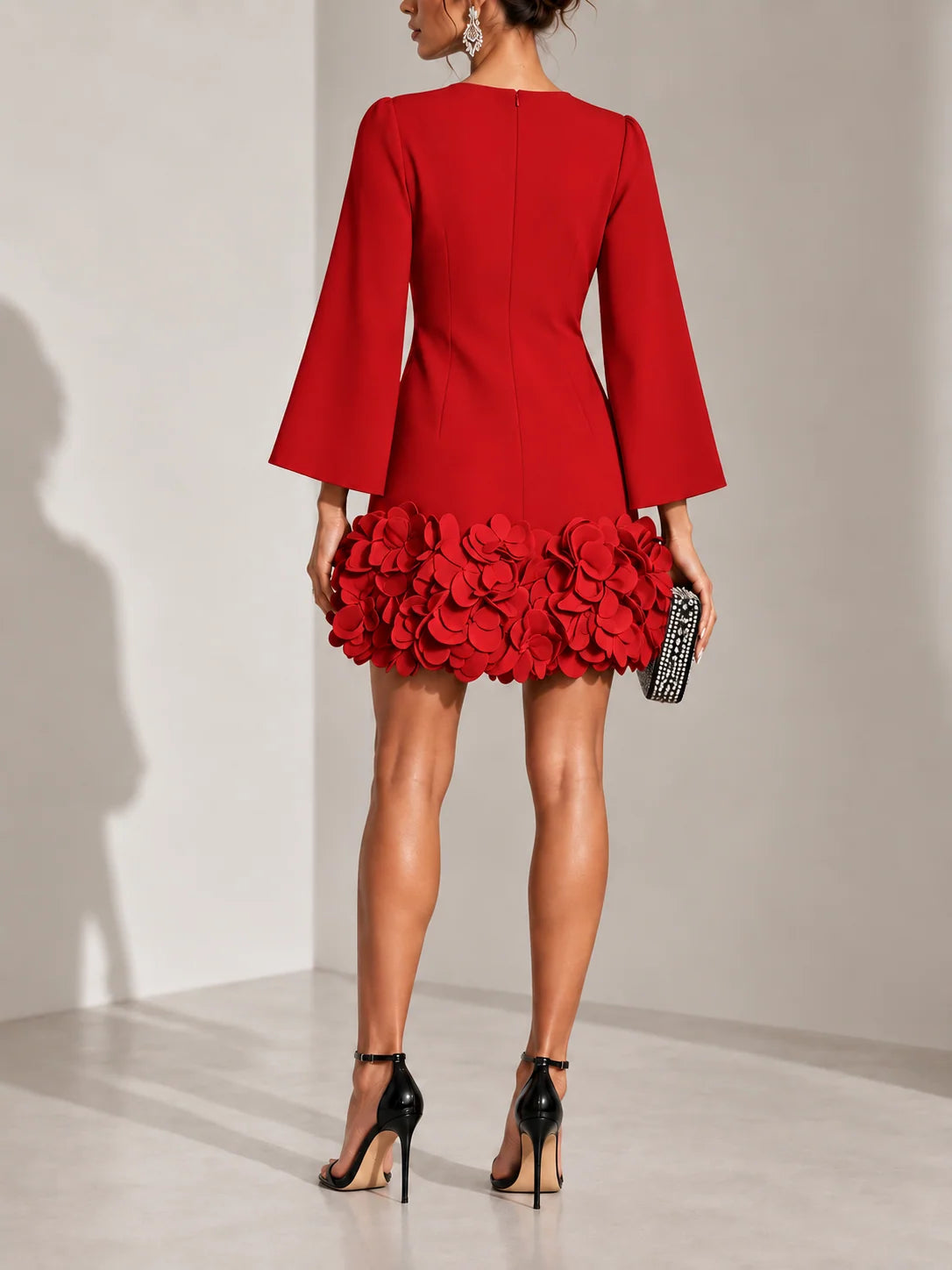 Short Dress 3D Floral Hem Flared Long Sleeves