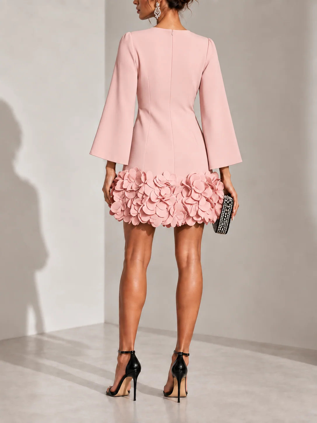 Short Dress 3D Floral Hem Flared Sleeves