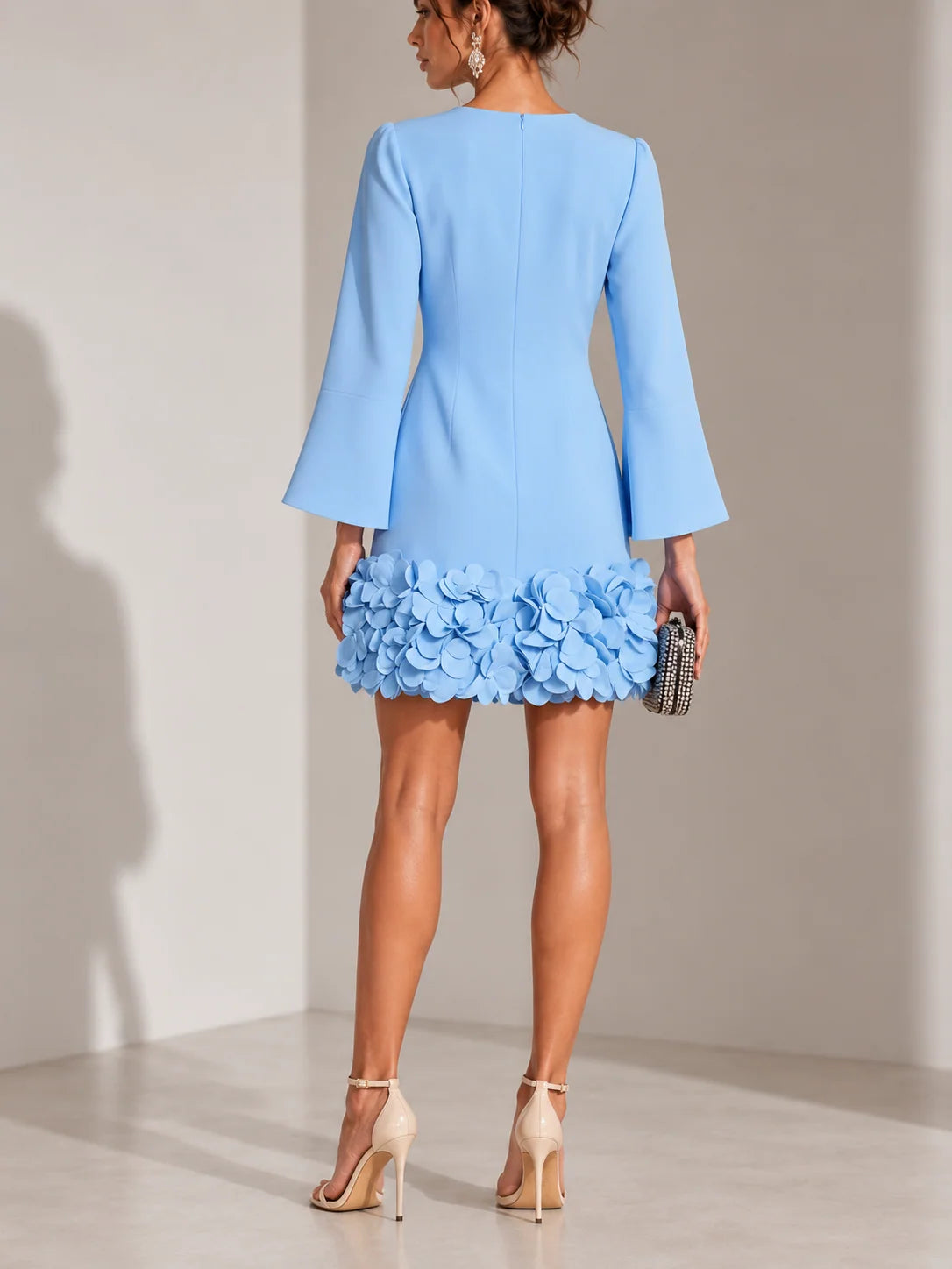 Short Dress 3D Floral Hem Flared Sleeves