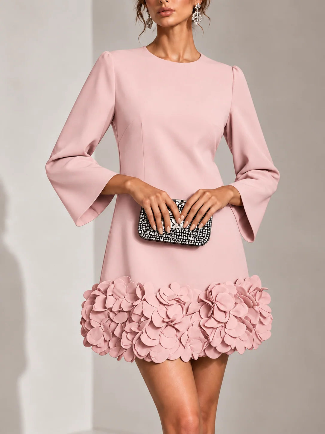 Short Dress 3D Floral Hem Flared Sleeves