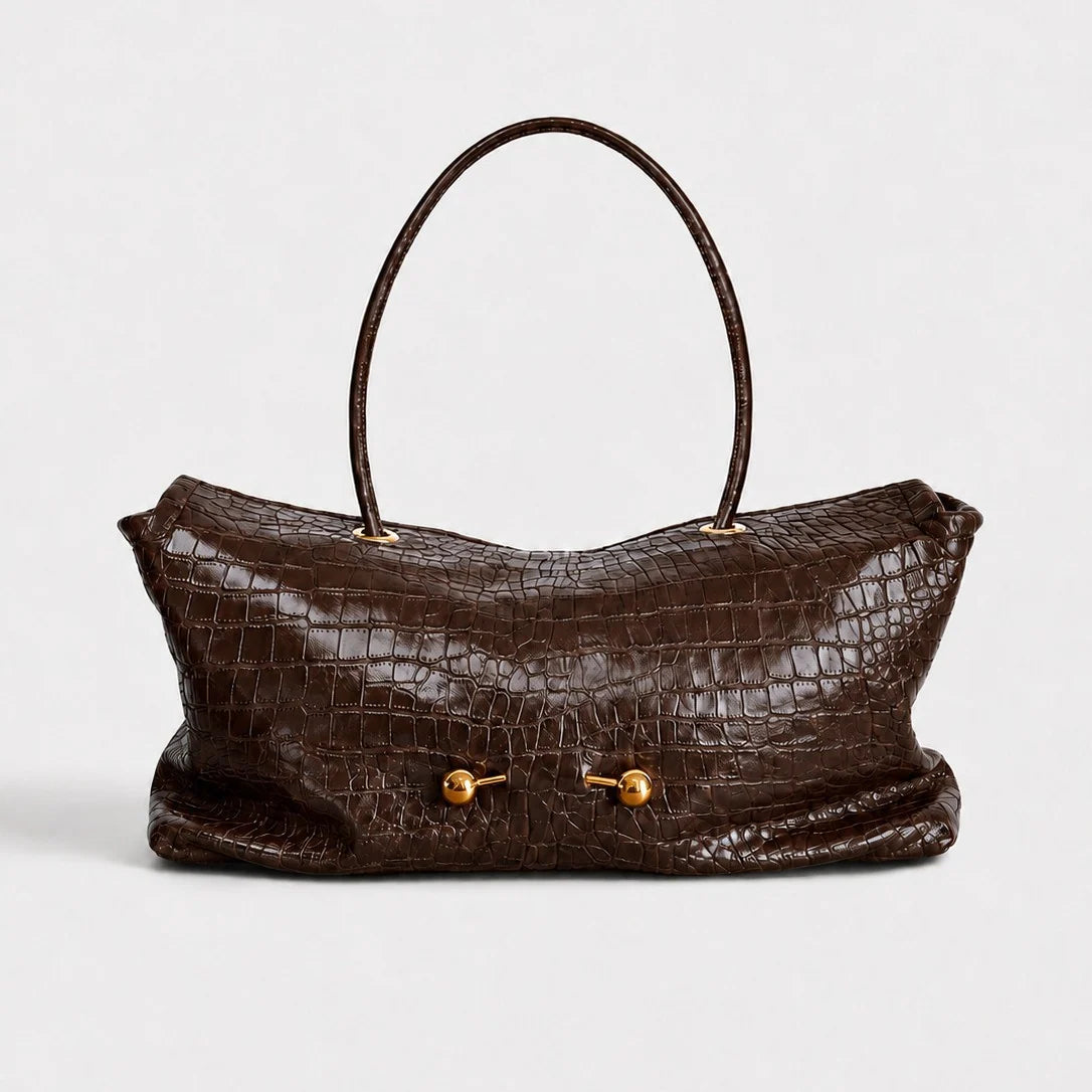 Shoulder Bag Crocodile-Texture Vegan Leather Spacious Interior Gold-Tone Hardware
