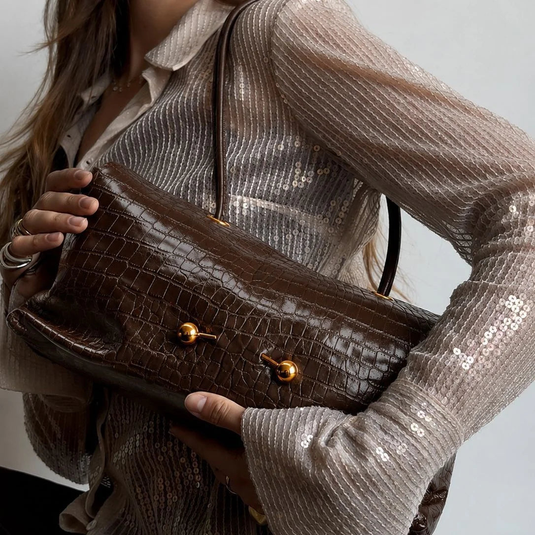 Shoulder Bag Crocodile-Texture Vegan Leather Spacious Interior Gold-Tone Hardware