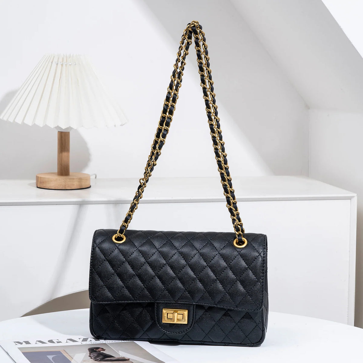 Shoulder Bag Quilted Adjustable Chain Strap Gold-Tone Details