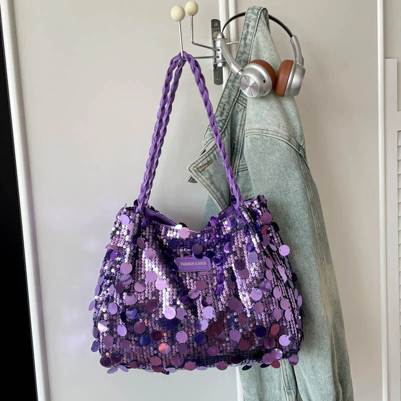 Shoulder Bag Sequin Finish Braided Strap Spacious Interior