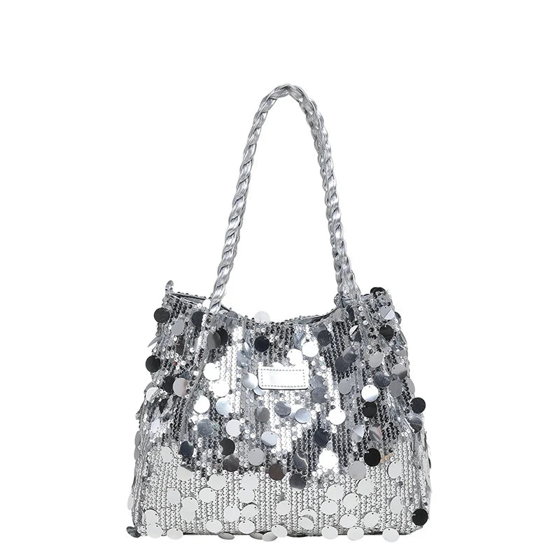 Shoulder Bag Sequin Finish Braided Strap Spacious Interior
