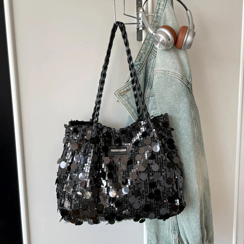 Shoulder Bag Sequin Finish Braided Strap Spacious Interior