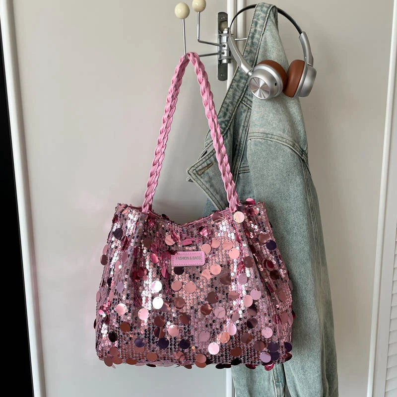 Shoulder Bag Sequin Finish Braided Strap Spacious Interior