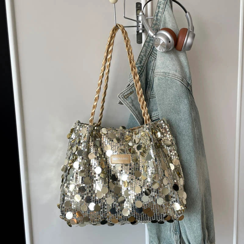 Shoulder Bag Sequin Finish Braided Strap Spacious Interior