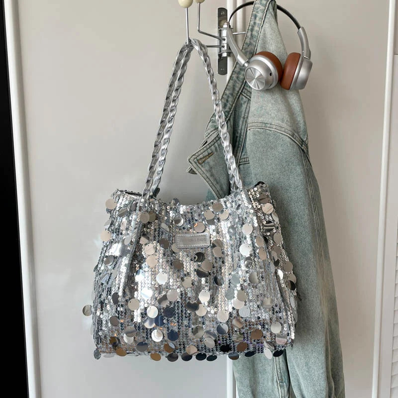Shoulder Bag Sequin Finish Braided Strap Spacious Interior