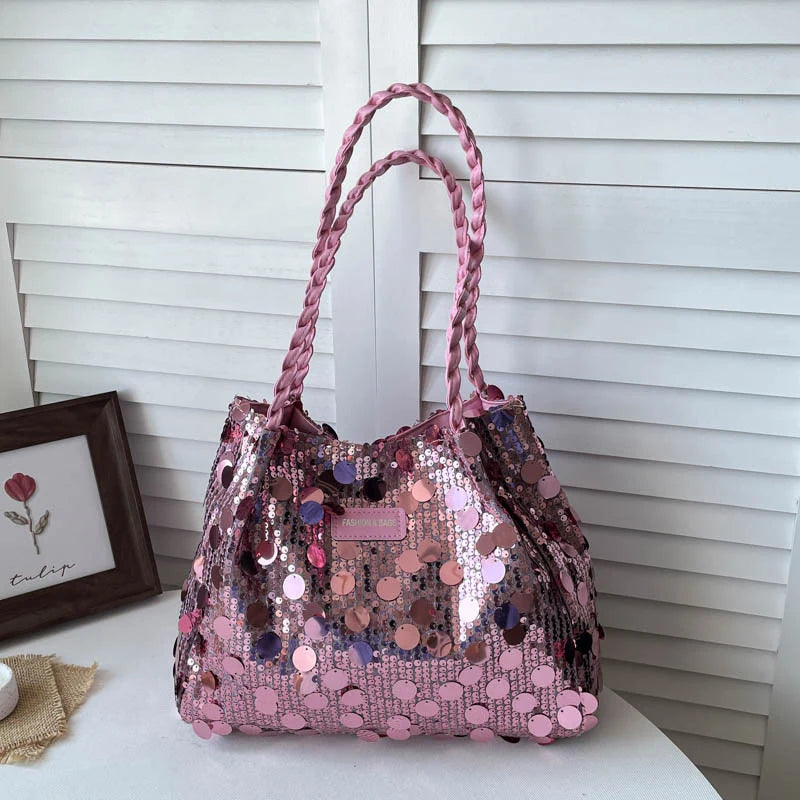 Shoulder Bag Sequin Finish Braided Strap Spacious Interior
