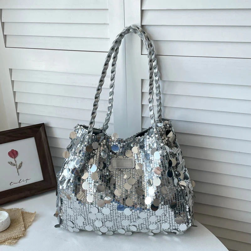 Shoulder Bag Sequin Finish Braided Strap Spacious Interior