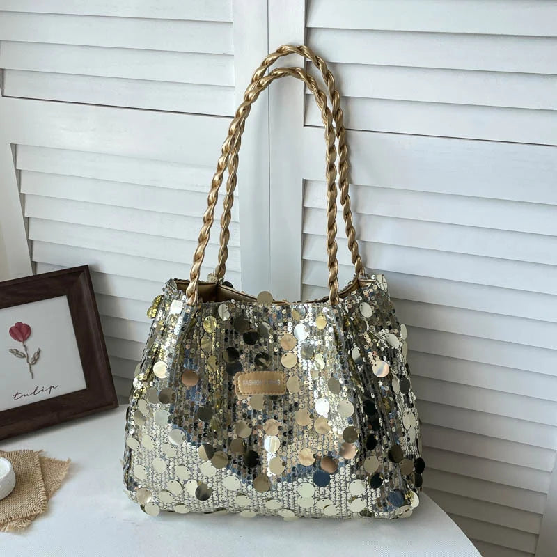 Shoulder Bag Sequin Finish Braided Strap Spacious Interior