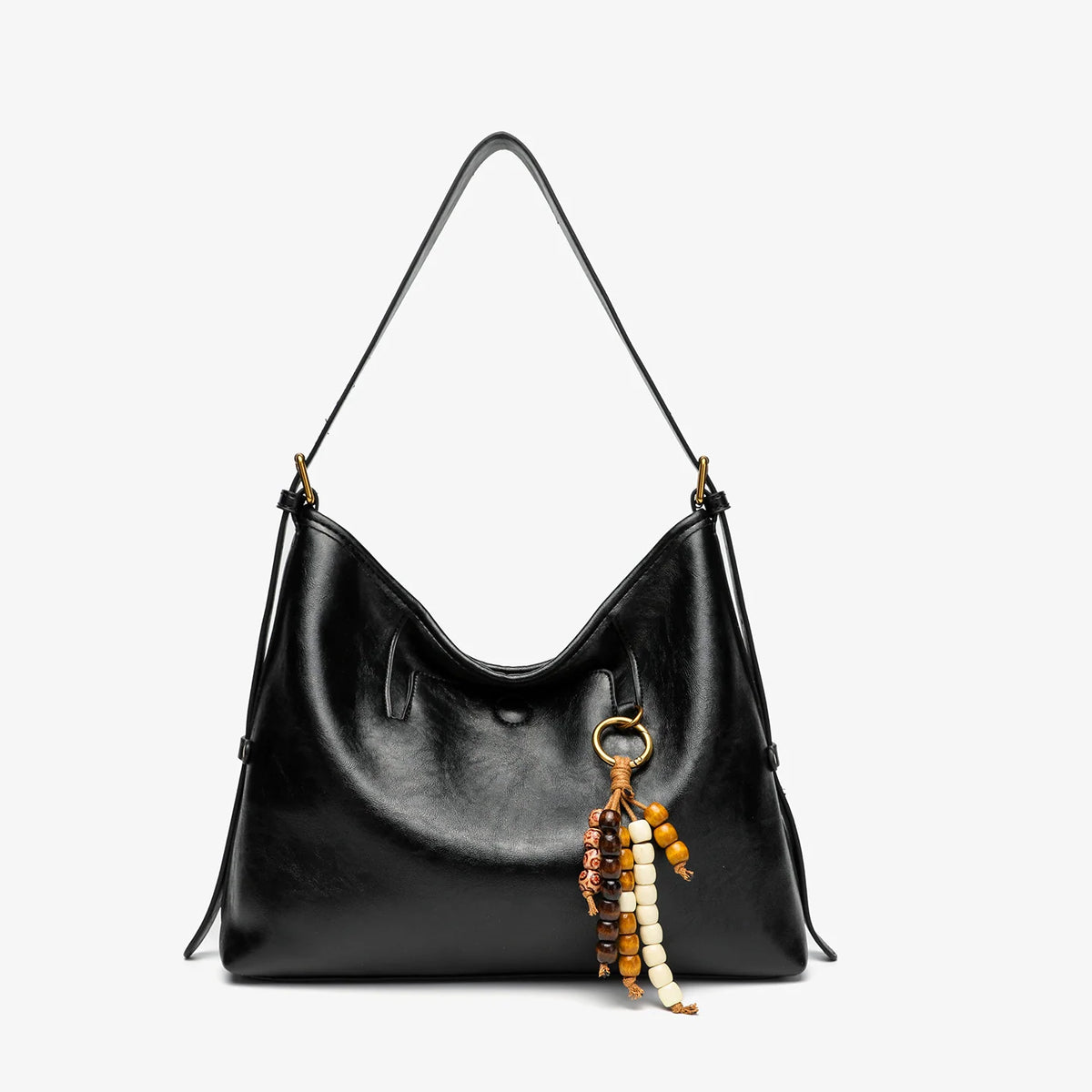Shoulder Bag Soft Leather Slouchy Design Thick Strap Beaded Charm