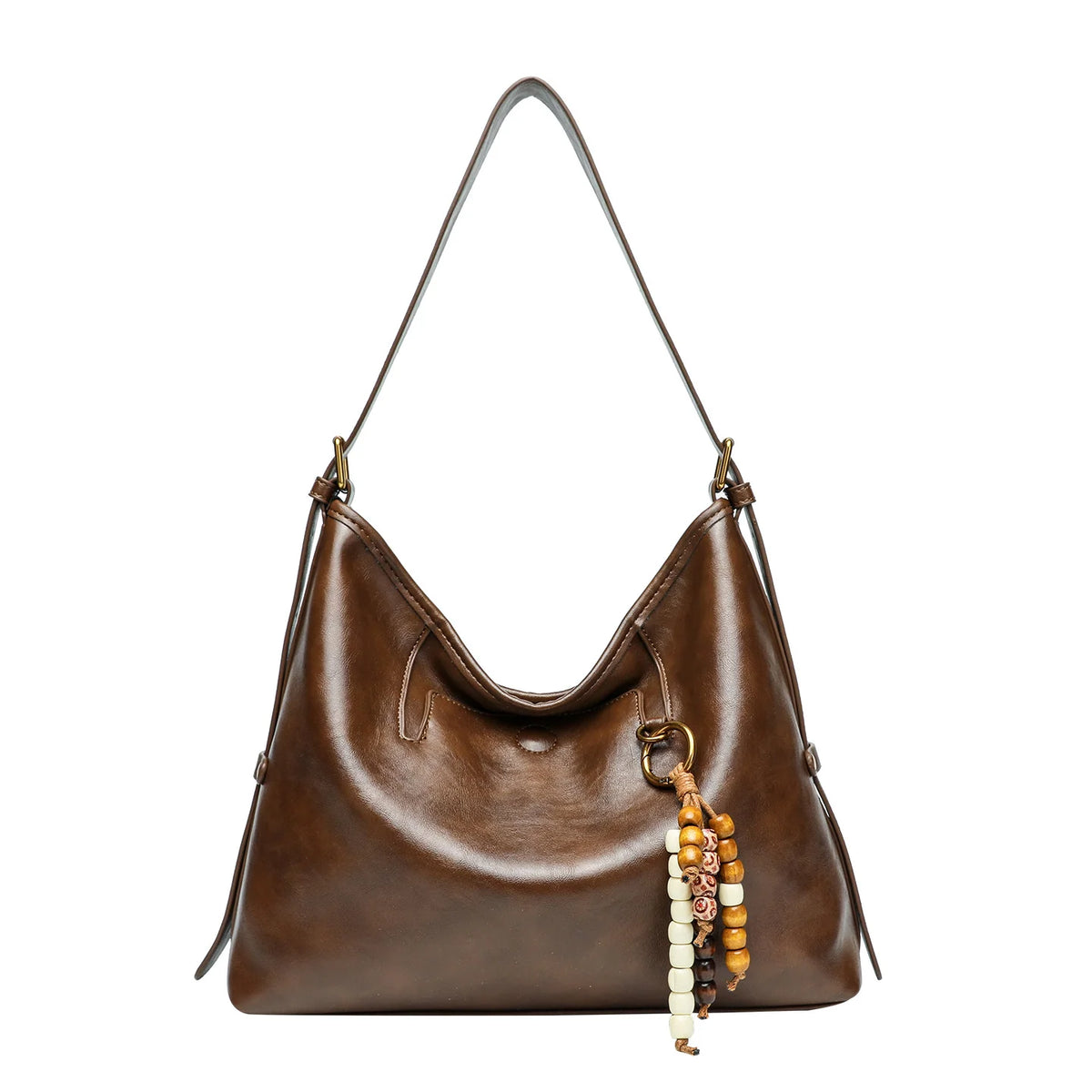 Shoulder Bag Soft Leather Slouchy Design Thick Strap Beaded Charm
