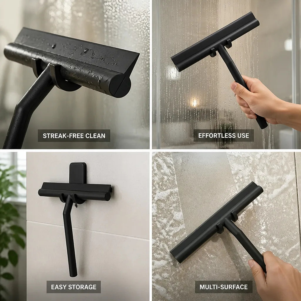 Shower Squeegee Soft Silicone Blade T-Handle Adhesive Wall Mount