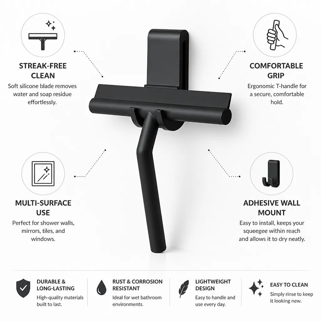 Shower Squeegee Soft Silicone Blade T-Handle Adhesive Wall Mount