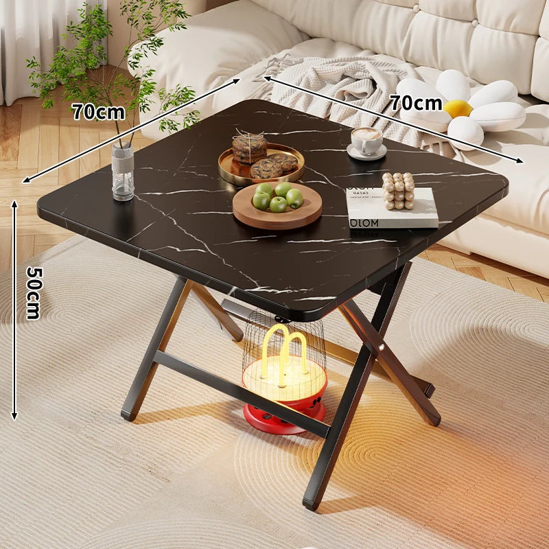 Side Table Marble-Effect Top Foldable X-Leg Design