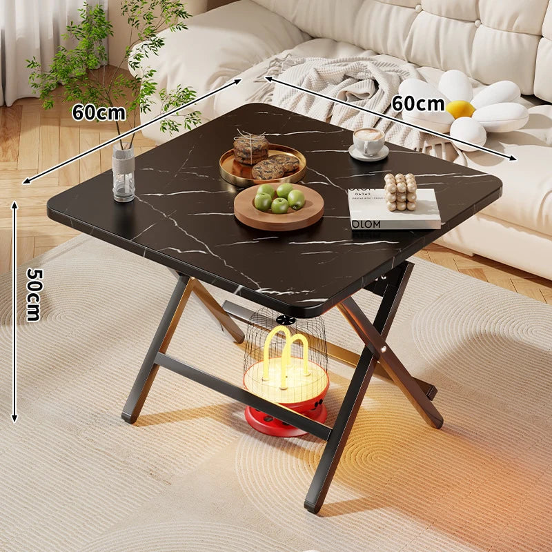 Side Table Marble-Effect Top Foldable X-Leg Design
