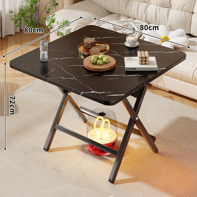Side Table Marble-Effect Top Foldable X-Leg Design