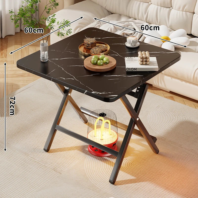 Side Table Marble-Effect Top Foldable X-Leg Design