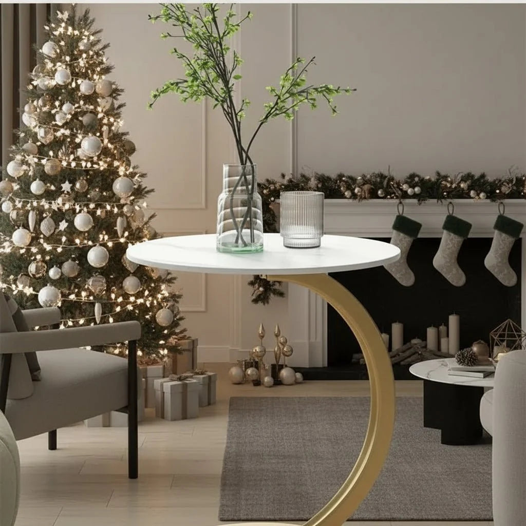 Side Table Wood And Steel Round Design Compact for Small Spaces