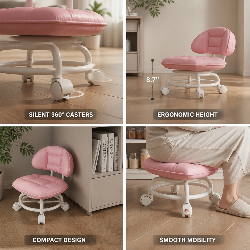 Silent 360° Casters Padded Swivel Stool With Backrest
