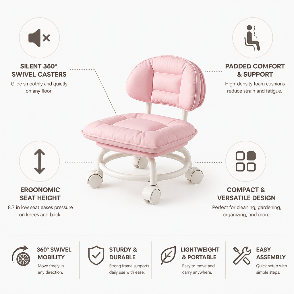 Silent 360° Casters Padded Swivel Stool With Backrest