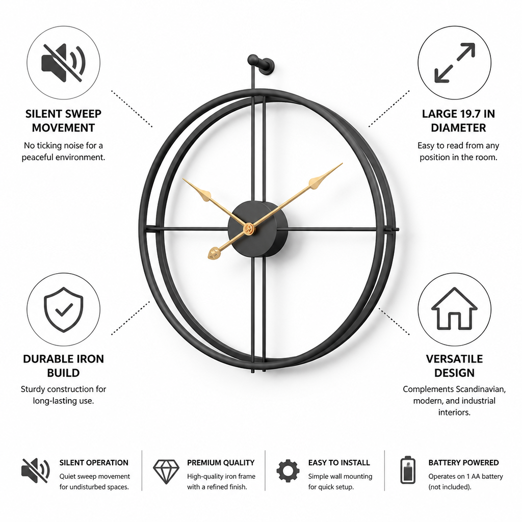 Silent Sweep Minimalist Iron Wall Clock (19.7 in)