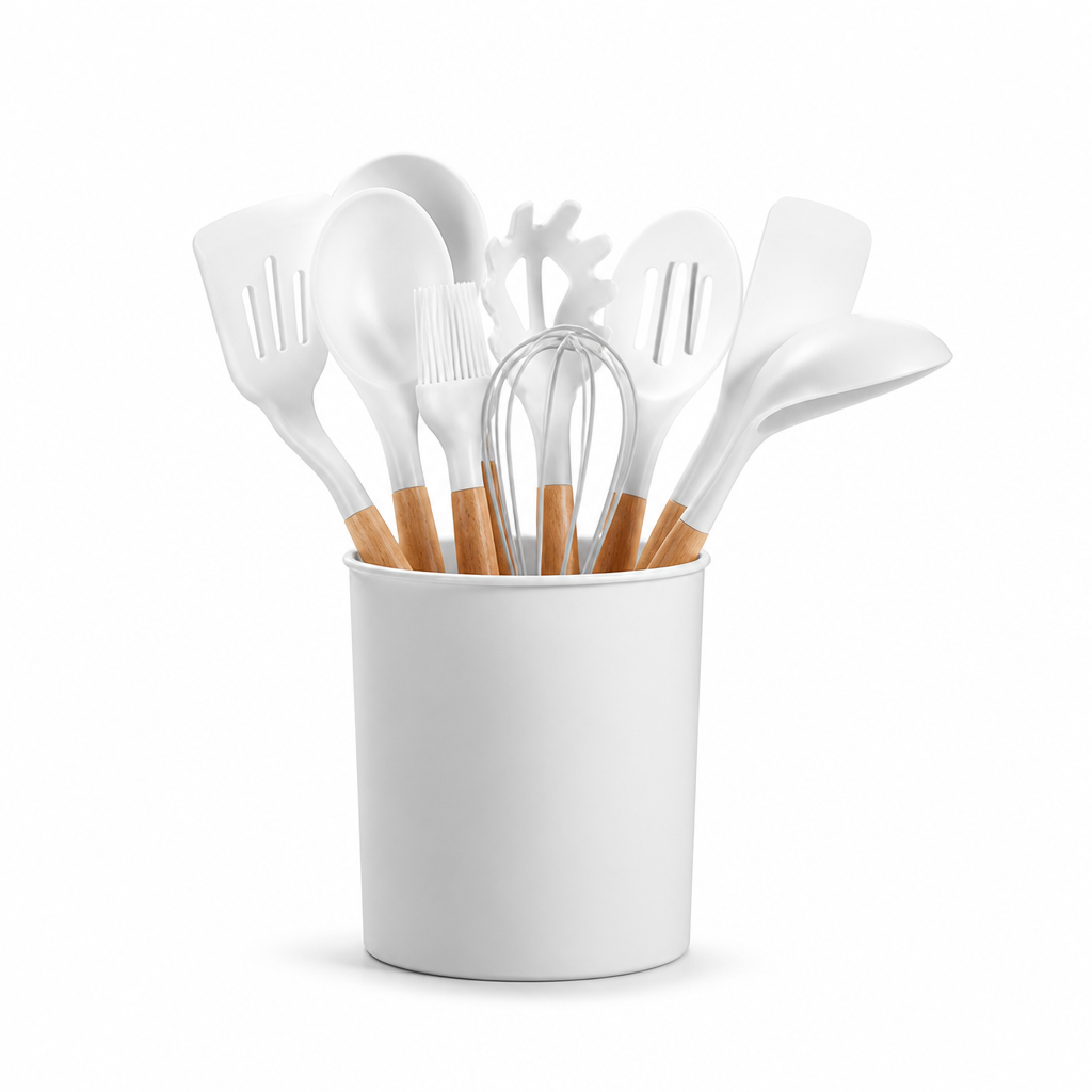 Silicone & Wood Kitchen Utensil Set (11-Piece With Holder)