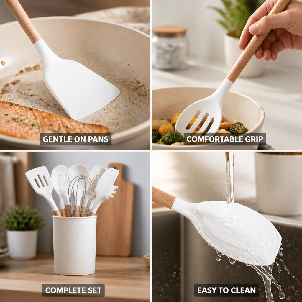 Silicone & Wood Kitchen Utensil Set (11-Piece With Holder)