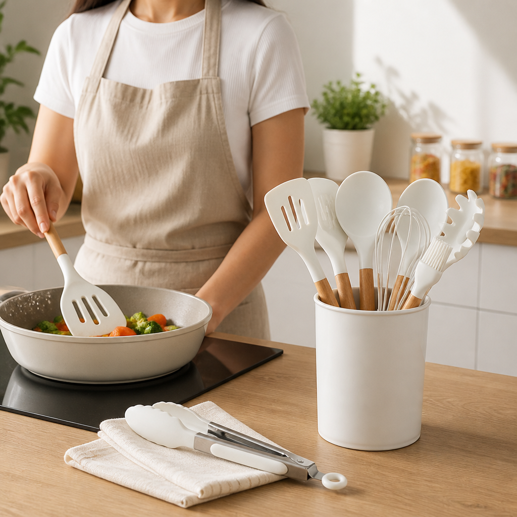 Silicone & Wood Kitchen Utensil Set (11-Piece With Holder)