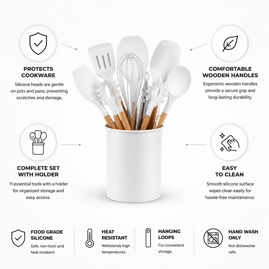 Silicone & Wood Kitchen Utensil Set (11-Piece With Holder)