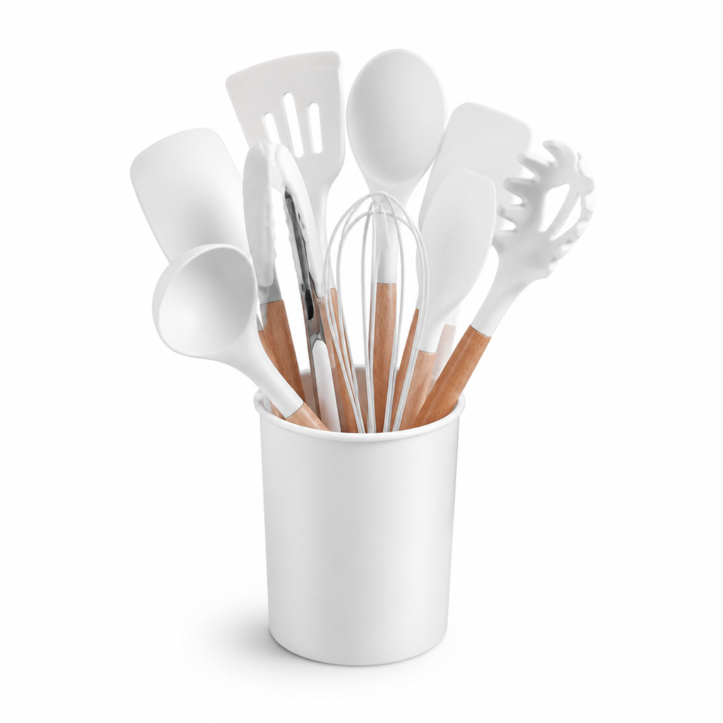 Silicone & Wood Kitchen Utensil Set (11-Piece With Holder)