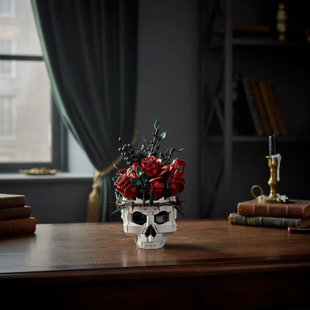 Skull Centerpiece Gothic Preassembled Fabric Petals Weighted Base