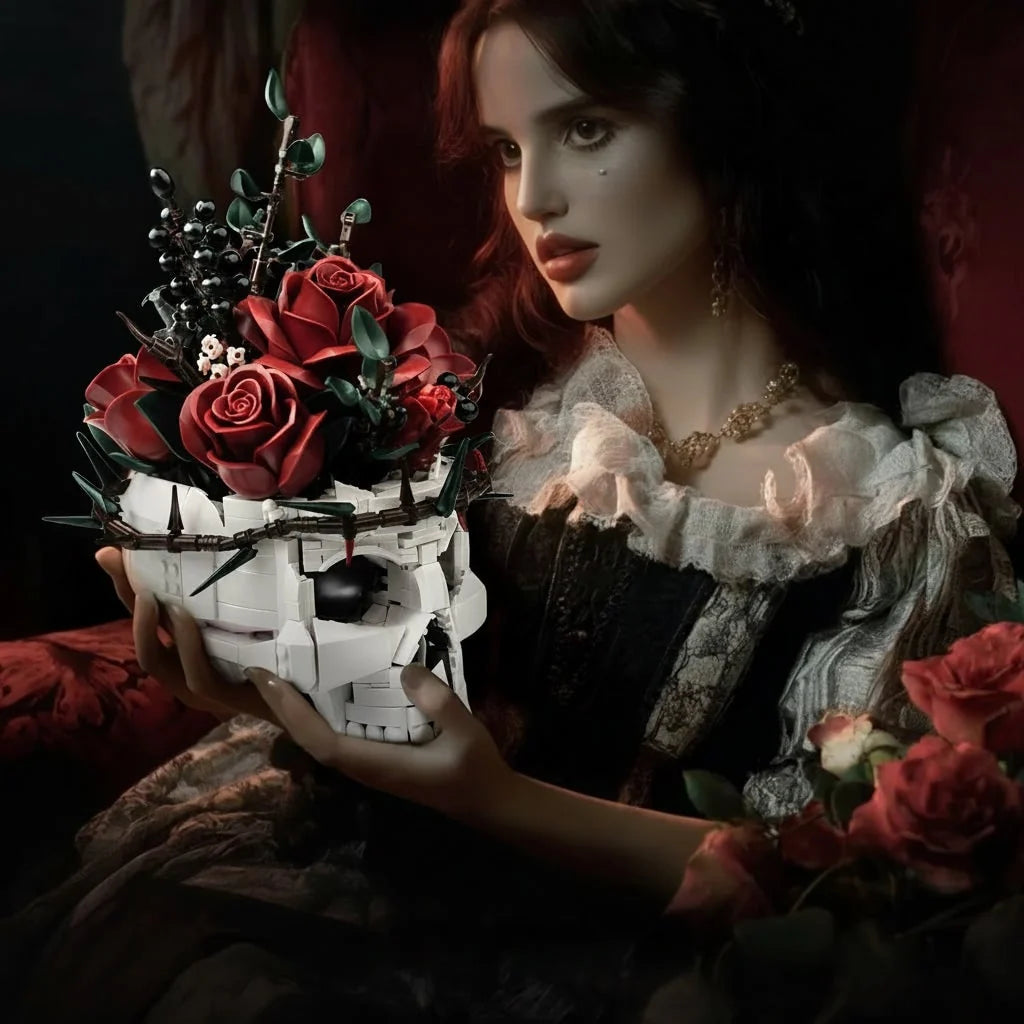 Skull Centerpiece Gothic Preassembled Fabric Petals Weighted Base