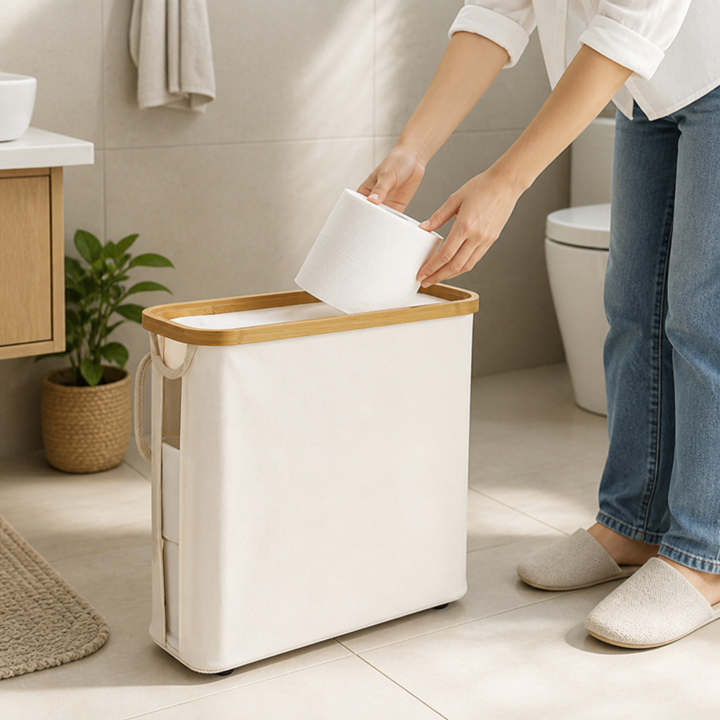 Slim Fabric Toilet Paper Storage Box (Bamboo-Look Lid)
