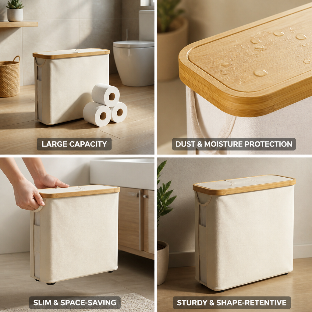 Slim Fabric Toilet Paper Storage Box (Bamboo-Look Lid)